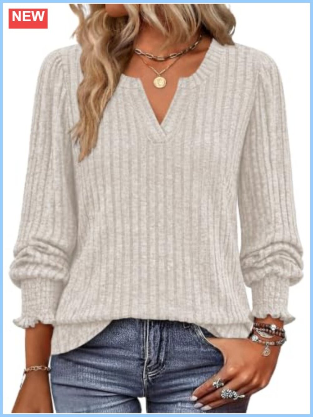 Womens Ribbed Knit V-Neck Long Sleeve Sweater Pullover Ruffle Cuffs Fall